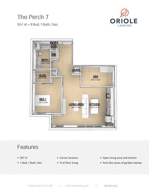 1 bedroom 1 bathroom floor plan E at Oriole Landing, Massachusetts